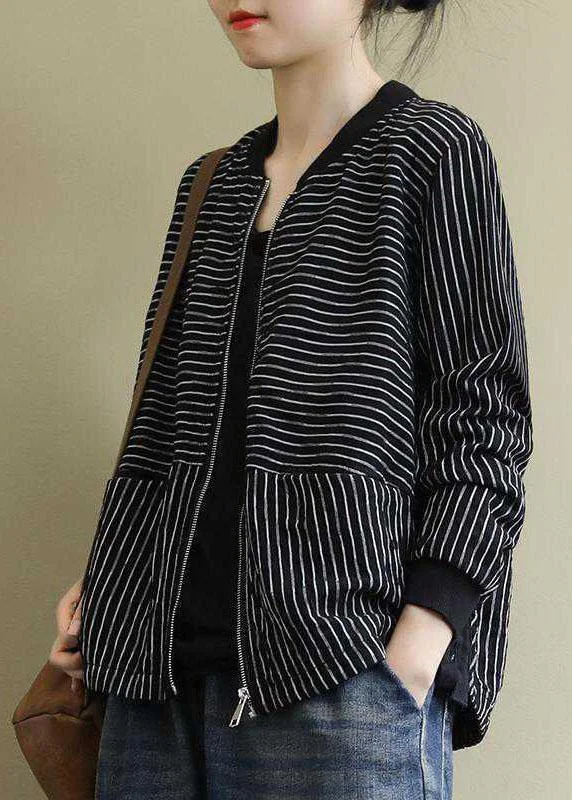 Bold, confident, and stylish women’s clothing   Street Black Striped zippered Pockets Fall Jacket Long sleeve