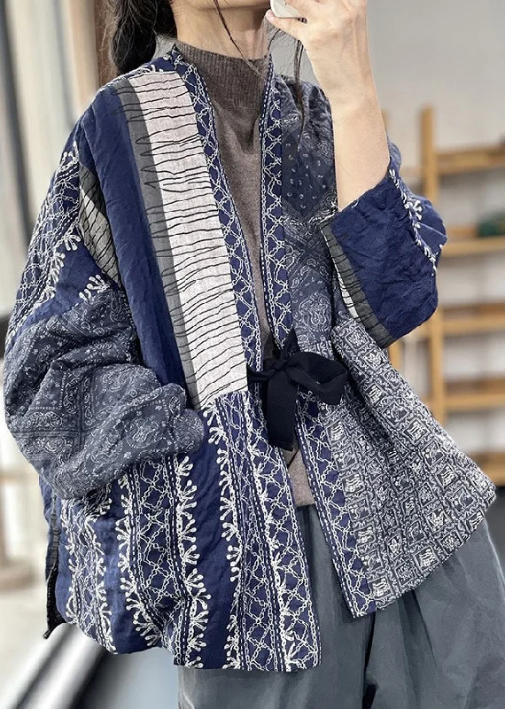 Elegant casual clothing for modern women Vintage Navy Oversized Print Fine Cotton Filled Jackets Spring Elegant casual clothing for modern women Vintage Navy Oversized Print Fine Cotton Filled Jackets Spring