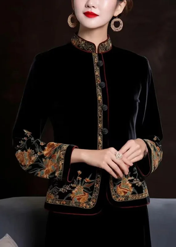 Curated collections of sophisticated women’s wear Women Black Embroideried Button Silk Coats Long Sleeve Curated collections of sophisticated women’s wear Women Black Embroideried Button Silk Coats Long Sleeve