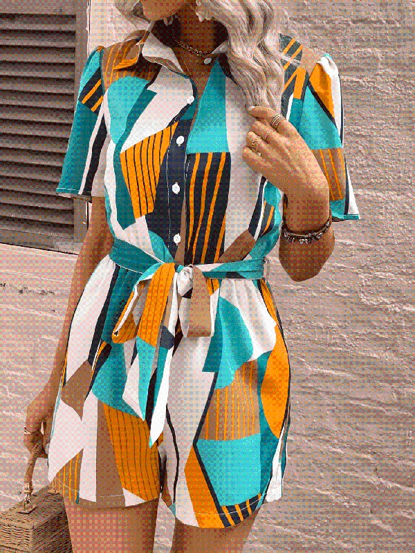 Elegant and comfortable women’s fashion wear   Geometric Puff Sleeve Tie Belt Romper
