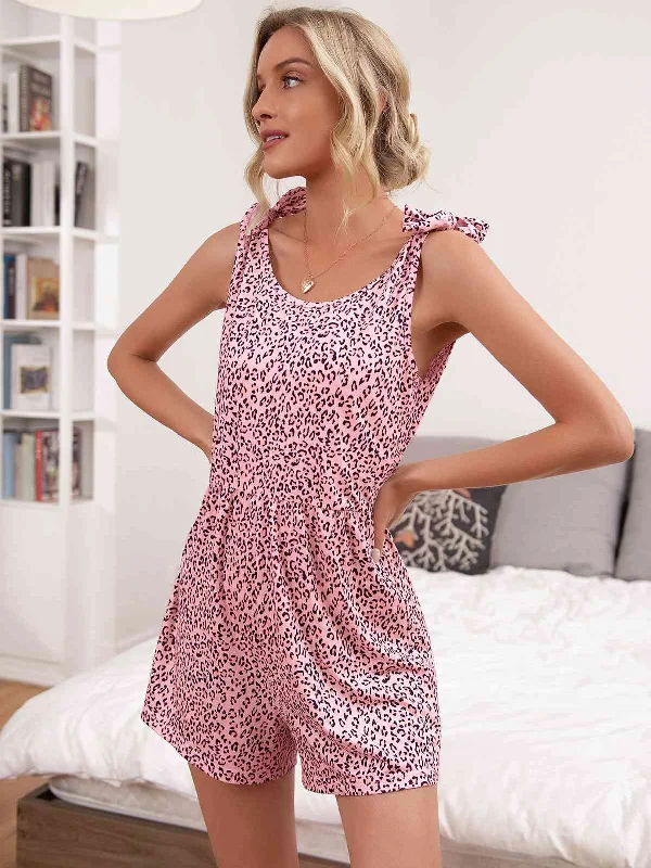 Versatile fashion options for every occasion Leopard Tie-Shoulder Scoop Neck Romper Versatile fashion options for every occasion Leopard Tie-Shoulder Scoop Neck Romper