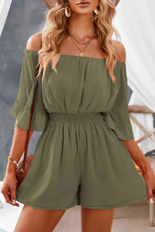 Refresh your closet with chic and comfy styles Off-Shoulder Smocked Waist Flounce Sleeve Romper Refresh your closet with chic and comfy styles Off-Shoulder Smocked Waist Flounce Sleeve Romper