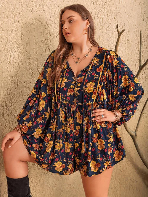 Bold, confident, and stylish women’s clothing Plus Size Floral Tie Neck Balloon Sleeve Romper Bold, confident, and stylish women’s clothing Plus Size Floral Tie Neck Balloon Sleeve Romper