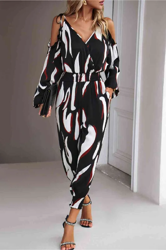 Get noticed with eye-catching women’s fashion   Printed Cold-Shoulder Surplice Neck Jumpsuit