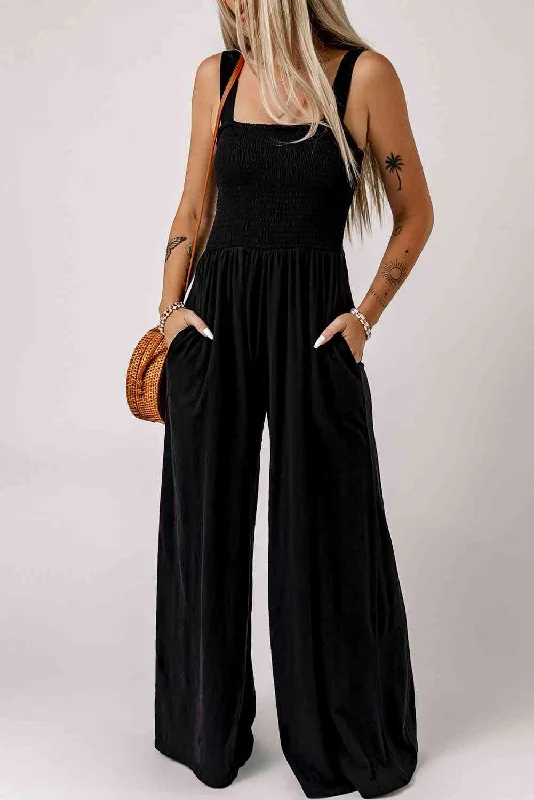 Versatile fashion options for every occasion Smocked Square Neck Wide Leg Jumpsuit with Pockets Versatile fashion options for every occasion Smocked Square Neck Wide Leg Jumpsuit with Pockets