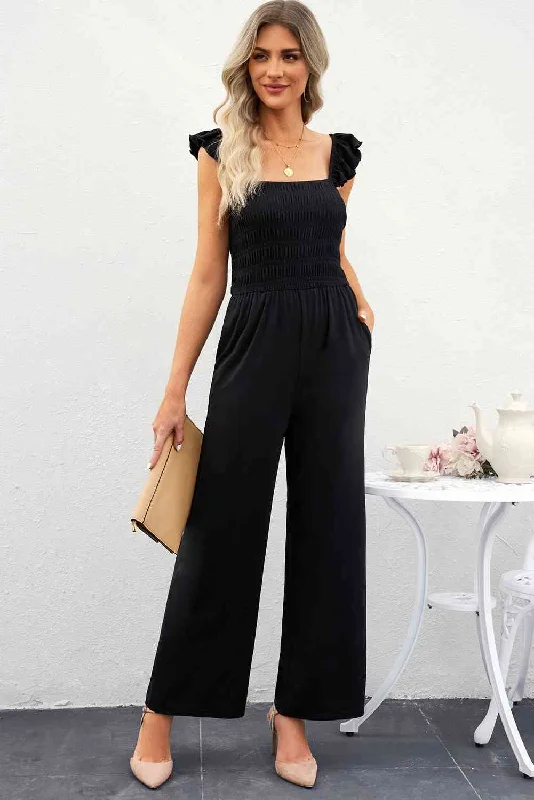 Sustainable fashion for stylish women Smocked Square Neck Wide Leg Jumpsuit with Pockets Sustainable fashion for stylish women Smocked Square Neck Wide Leg Jumpsuit with Pockets