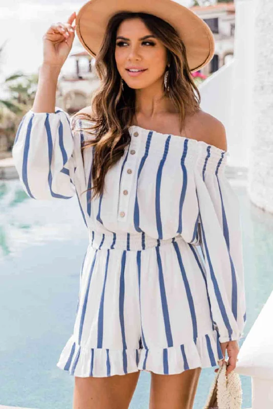Trendy women’s clothing with a modern twist   Striped Off Shoulder Smocked Romper