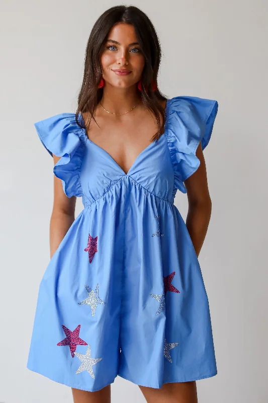Step up your style with trendy women’s clothing FINAL SALE - Summer Spirit Blue Rhinestone Star Romper Step up your style with trendy women’s clothing FINAL SALE - Summer Spirit Blue Rhinestone Star Romper