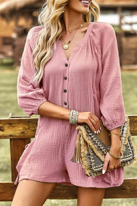 Curated collections for modern, fashionable women Textured Notched Neck Romper with Pockets Curated collections for modern, fashionable women Textured Notched Neck Romper with Pockets