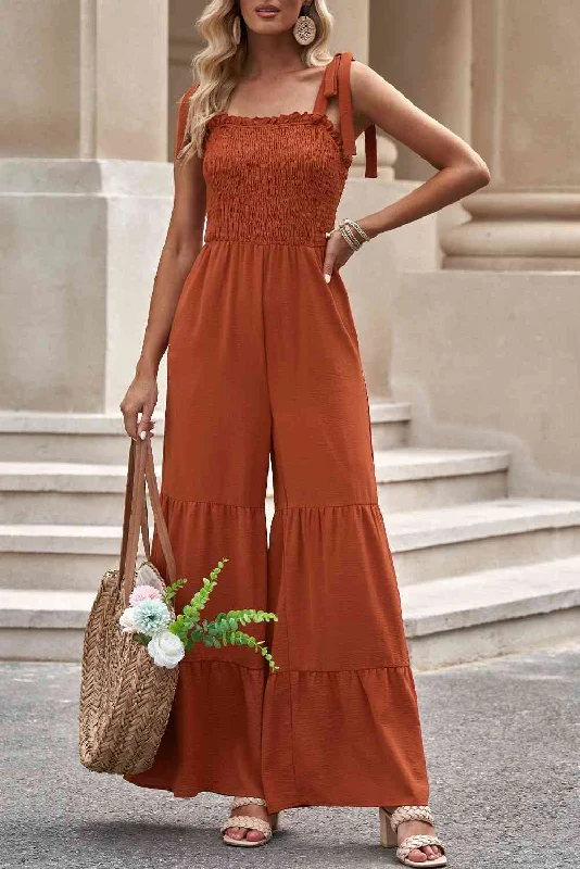 Chic and comfortable clothing for busy women   Tie-Shoulder Smocked Tiered Jumpsuit