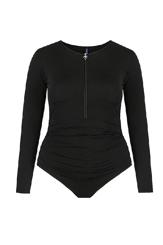 Chic for every occasion and style Chlorine Resistant Black Zip Front Long Sleeve One Piece Chic for every occasion and style Chlorine Resistant Black Zip Front Long Sleeve One Piece