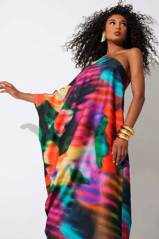 Trendy women’s clothing with a modern twist   Floral Mirage Printed Rayon One Shoulder Caftan