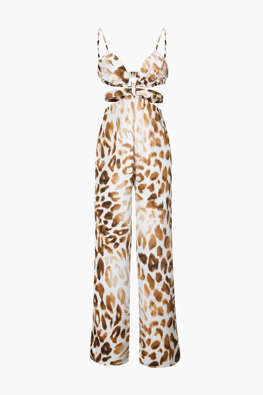 Statement pieces for the confident woman   Leopard Tie Back Satin Jumpsuit