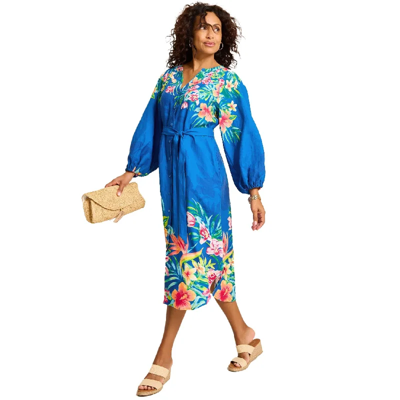 Stylish and comfortable outfits for women   Tommy Bahama Women's Topi-Flore Midi Shirt Linen Dress - Cobalt Sea