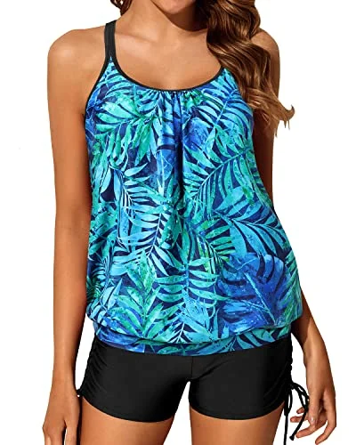 Refresh your wardrobe with high-quality women’s fashion   Slimming Push Up Padded Bra Blouson Tankini Swimsuit Shorts-Dark Blue Green Leaves