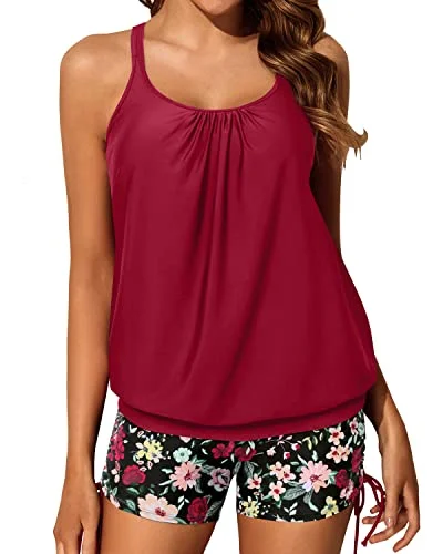Versatile outfits to transition from day to night   Slimming Tummy Control Blouson Tankini Two Piece Swimsuit Shorts-Red Floral
