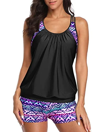 Find your perfect fit with stylish women’s clothing   Ladies Athletic Two Piece Tankini Suits Racerback Tankini-Black And Tribal Purple