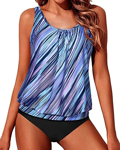 Bold and beautiful clothing for every woman   Soft Push Up Bra Cups Blouson Tankini Swimsuits For Women-Blue And Black Stripe