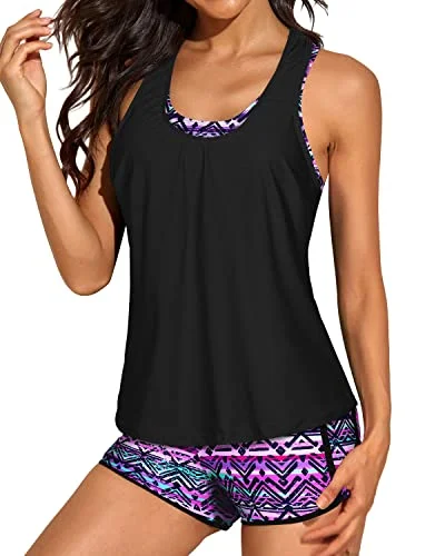 Look and feel your best in our women’s wear   Women's 3-Piece Athletic Tankini Loose Tank Top And Padded Sports Bra-Black And Tribal Purple