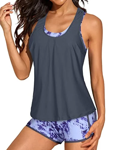 Feminine and fashionable clothing for every wardrobe   Stylish Open Back Tankini Top Sports Bra And Boyshorts Tankinis-Gray Blue Tie-Dye