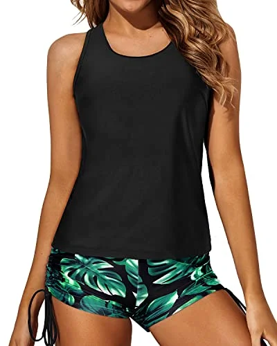 Express your style with fashionable women’s clothing   Women's Athletic Swimwear Tank Top Boy Shorts And Bra-Black Leaf