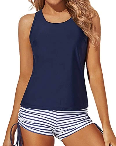 Bold fashion choices for the confident woman   Women's O-Ring Detail Tankini Swimsuits Boy Shorts And Bra-Blue White Stripe