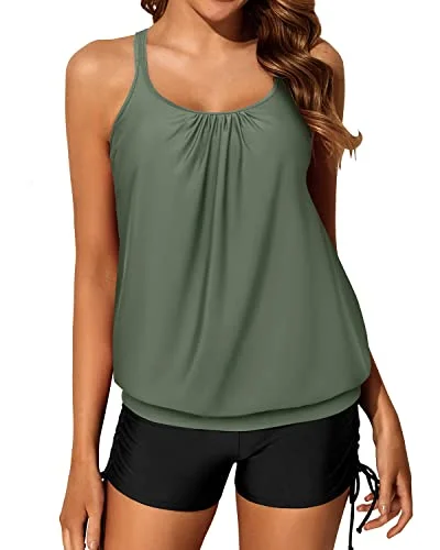 Women’s clothing that combines comfort and style   Women's Push Up Drawstring Adjustable Blouson Tankini Swimsuits-Olive Green