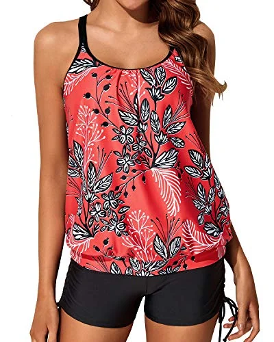 Look and feel your best in our women’s wear   Loose Fit Slimming Tummy Control Tankini Swimsuits Mid Rise Boyleg Bottom-Red Floral