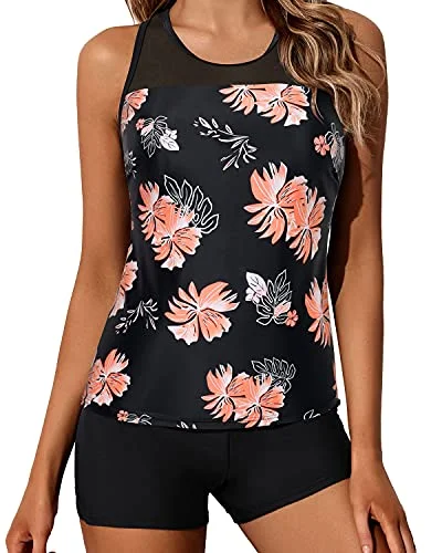 Fashionable clothing that fits every occasion   Ladies Mid-Waist Solid Boyleg Bottom Tankini Swimsuit-Black Orange Floral