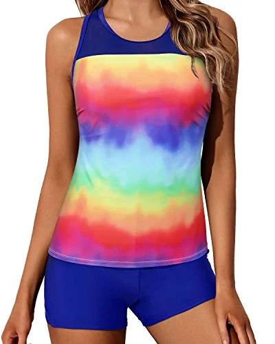 Chic for every occasion and style   Tummy Control Racerback Tank Top Bathing Suits Boyleg Shorts For Women-Color Tie Dye