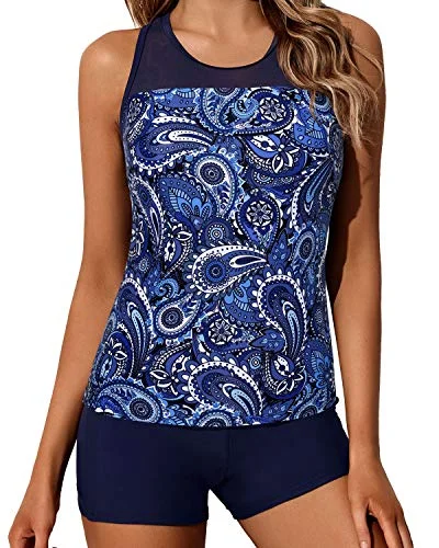 Casual outfits that elevate your style   2 Piece Modest And Fitted Tankini Swimsuit Boyleg Bottoms-Navy Blue Tribal