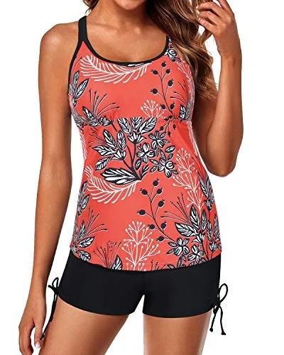Women’s clothing that combines comfort and style   Sporty High Waisted Boy Shorts Bathing Suits-Red Floral