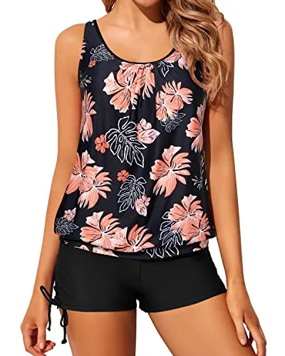 Bold and beautiful clothing for every woman   Trendy And Modest Women's Blouson Tankini Bathing Suits Boyshorts-Black Orange Floral