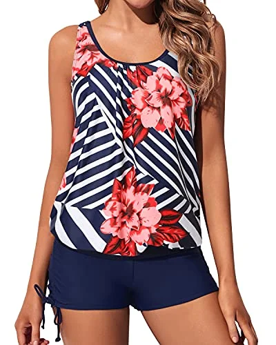 Chic, modern looks for the stylish woman   Comfortable Two Piece Blouson Tankini Swimsuits For Women-Blue Floral