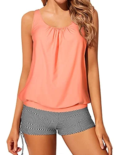 Clothing that’s as bold as you are   Colorful Modest Print Two Piece Blouson Tankini Swimsuits-Coral Pink Stripe