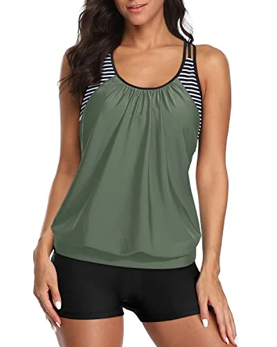Feminine and fashionable clothing for every wardrobe   Racerback Blouson Tankini High Waisted Boardshorts Two Piece Swimsuits-Army Green