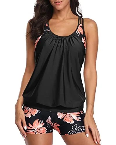 Sporty-chic women’s apparel for active lifestyles   Sporty Tummy Control Boyshorts Tankini Swim Top Athletic Two Piece Swimsuits-Black Floral