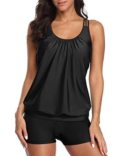 Feminine and fashionable clothing for every wardrobe   Modest Coverage Layered Design Athletic Two Piece Swimsuits For Women-Black