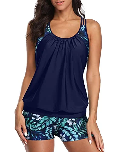 Find your perfect fit with stylish women’s clothing   Women's Layered Design Tankini Tops Long Swim Shorts-Blue Leaves