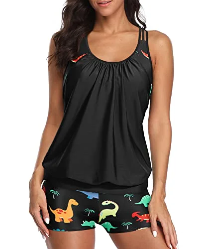 Trendy women’s clothing    Athletic 2 Piece Swim Suits High Waisted Board Shorts For Women-Colorful Dinosaur