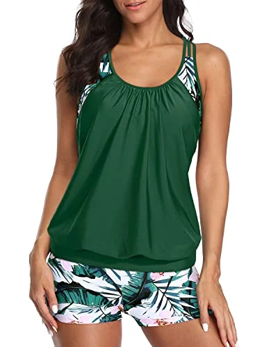 Chic, modern looks for the stylish woman   Modest Coverage Tankini Swimsuits T-Back Blouson Tops And Boy Shorts-Green Tropical Floral