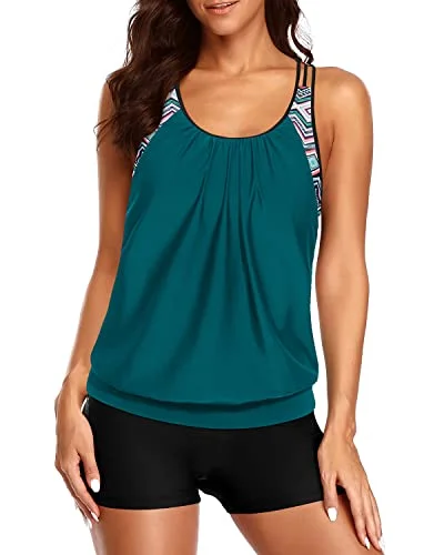 Women’s clothing that fits your personality and style   Athletic Two Piece Tankini Suits High Waisted Board Shorts For Women-Teal